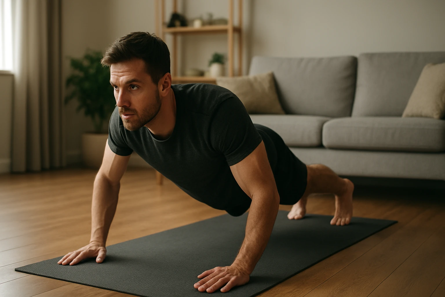 Muž vykonávajúci plank cvičenie na podložke v obývačke