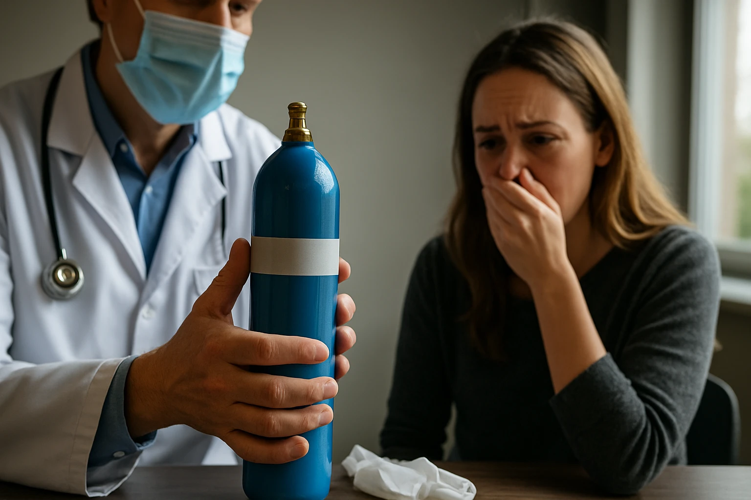 Lekár ukazuje modrý kyslíkový balónik, žena prejavuje obavy