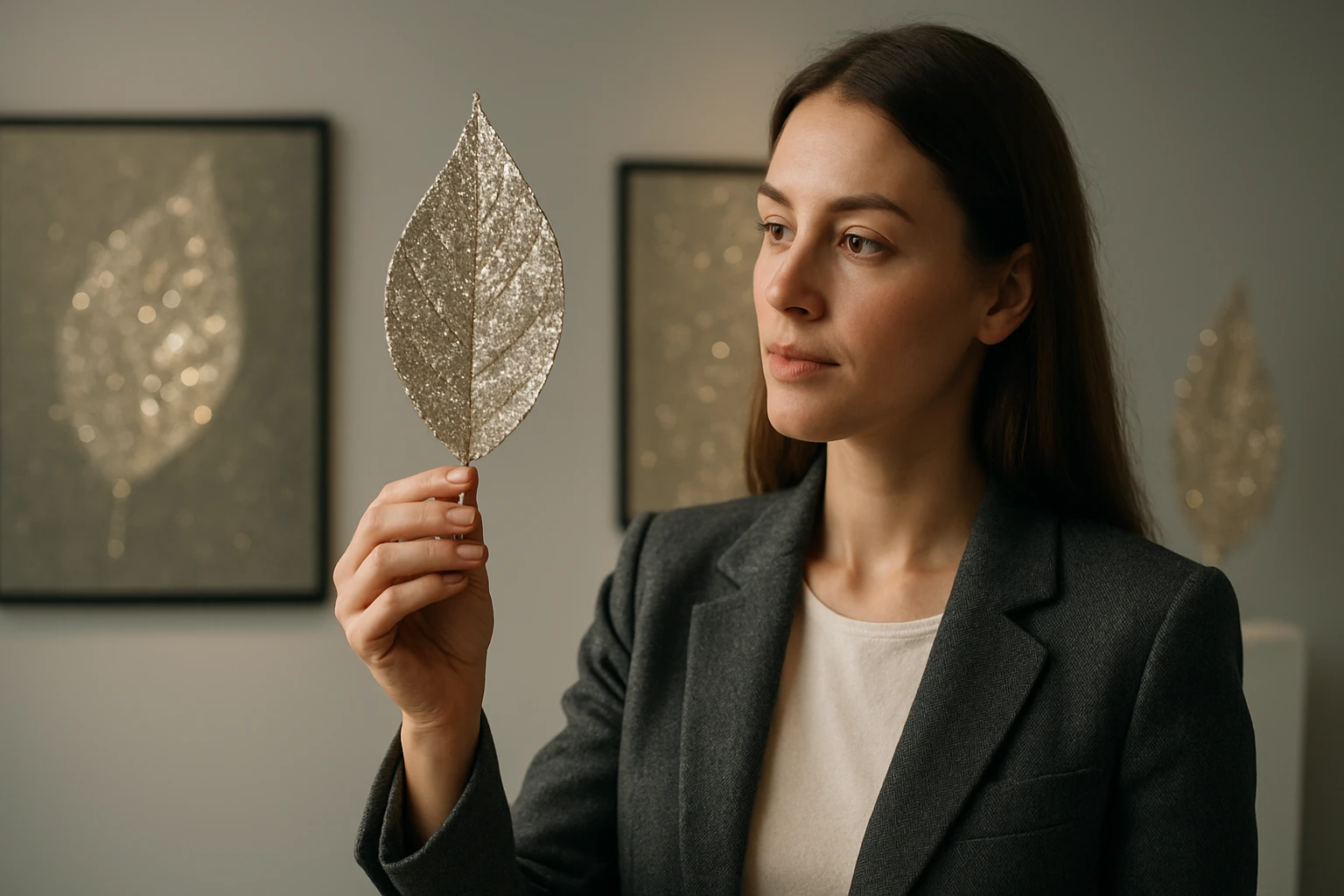 Žena drží trblietavý list v modernom dizajnovom prostredí.