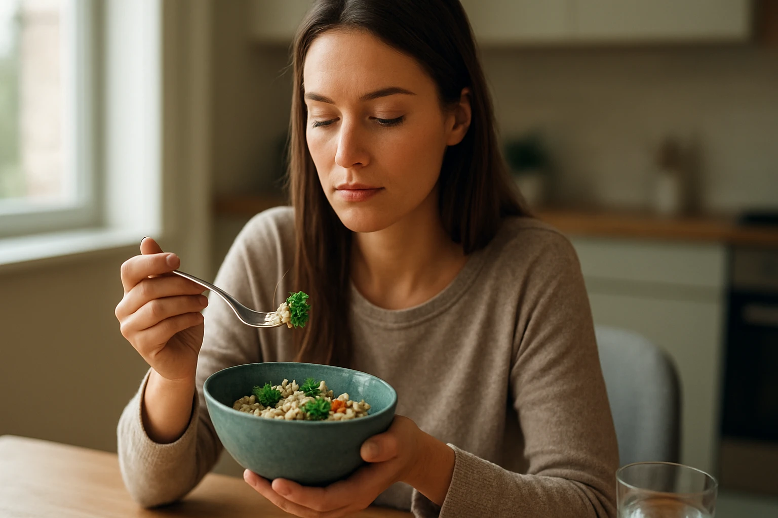 Žena si vychutnáva zdravú stravu s obsahom trypofánu