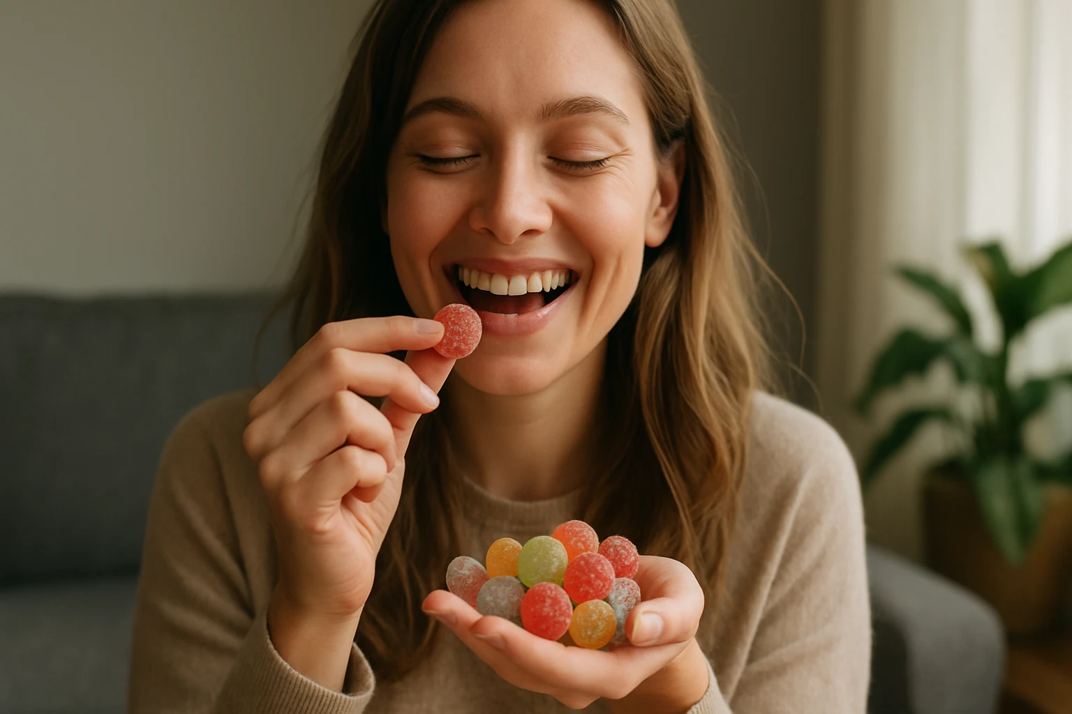 Žena sa smeje a vychutnáva si gumené cukríky plné chutí.