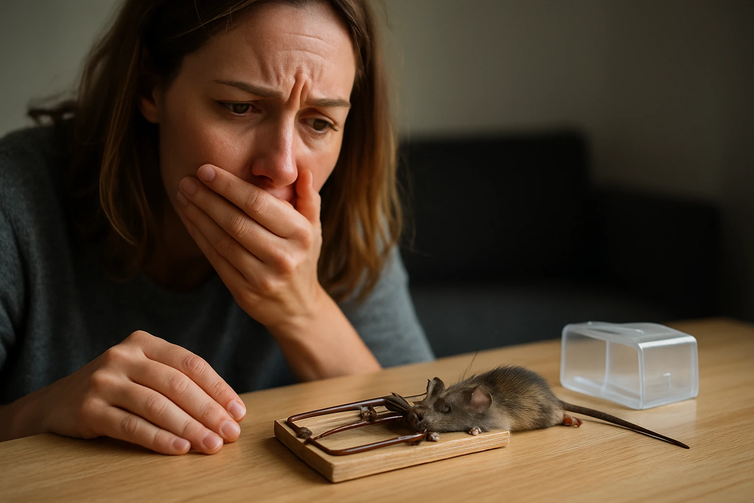 Žena reaguje na mŕtvu myš v pasci s obavami o zdravie.
