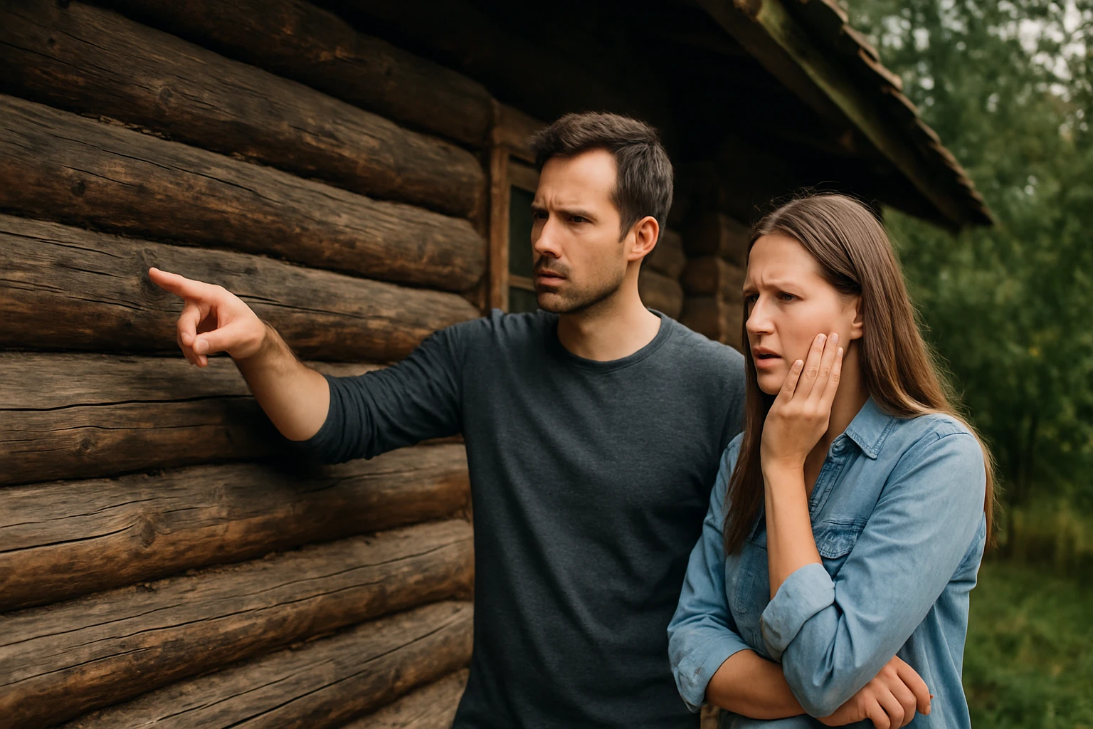 Pár analyzujúci stav drevenice pred kúpou.