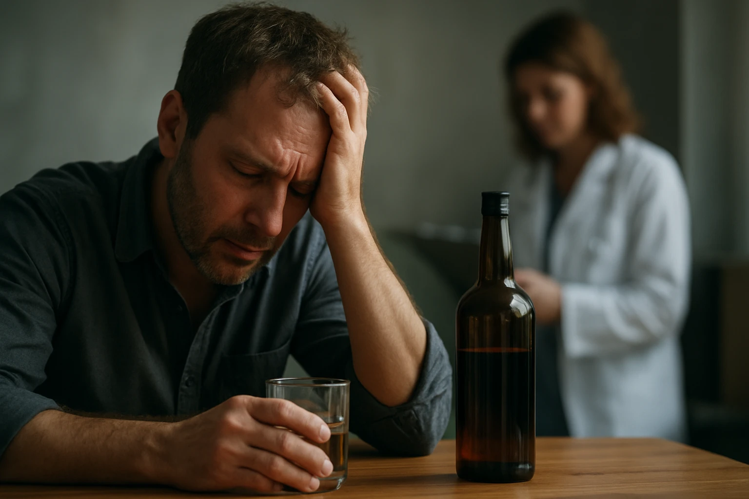 Muž trpiaci dôsledkami alkoholu s pohárom a fľašou.