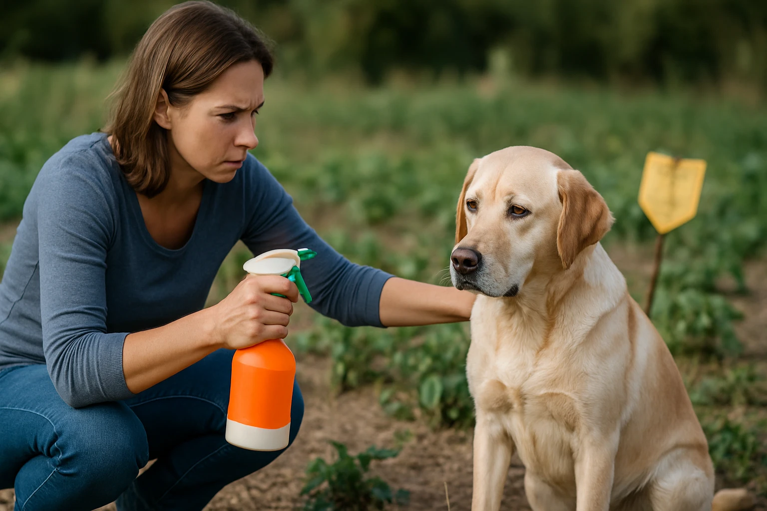 Žena s postrekovačom a labradorský retríver na poli