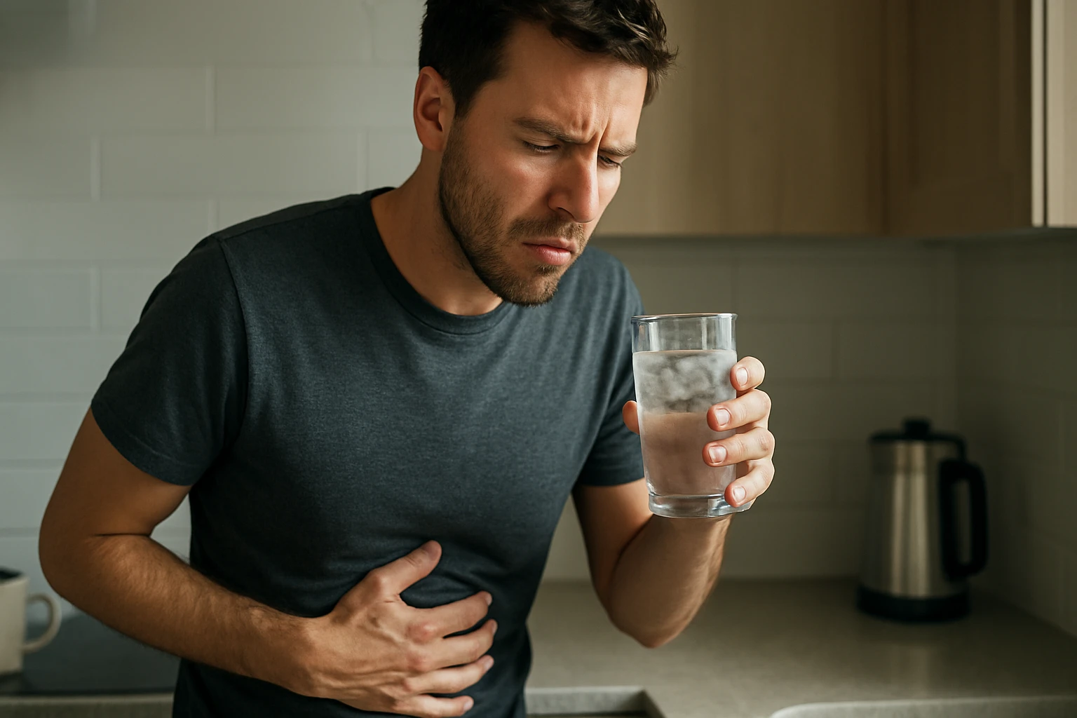 Muž drží pohár studenej vody a má bolesti brucha.