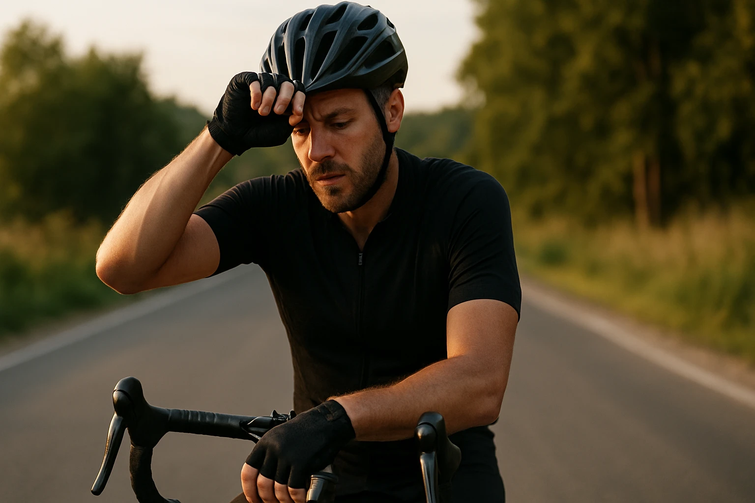 Cyklista odpočíva po náročnej jazde na prázdnej ceste.