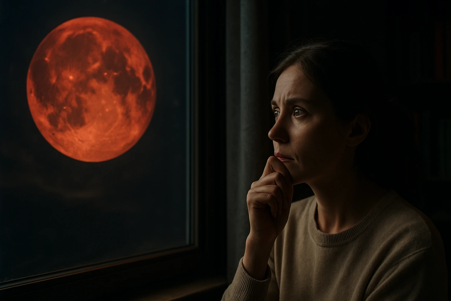 Žena pozerajúca na krvavý mesiac cez okno.