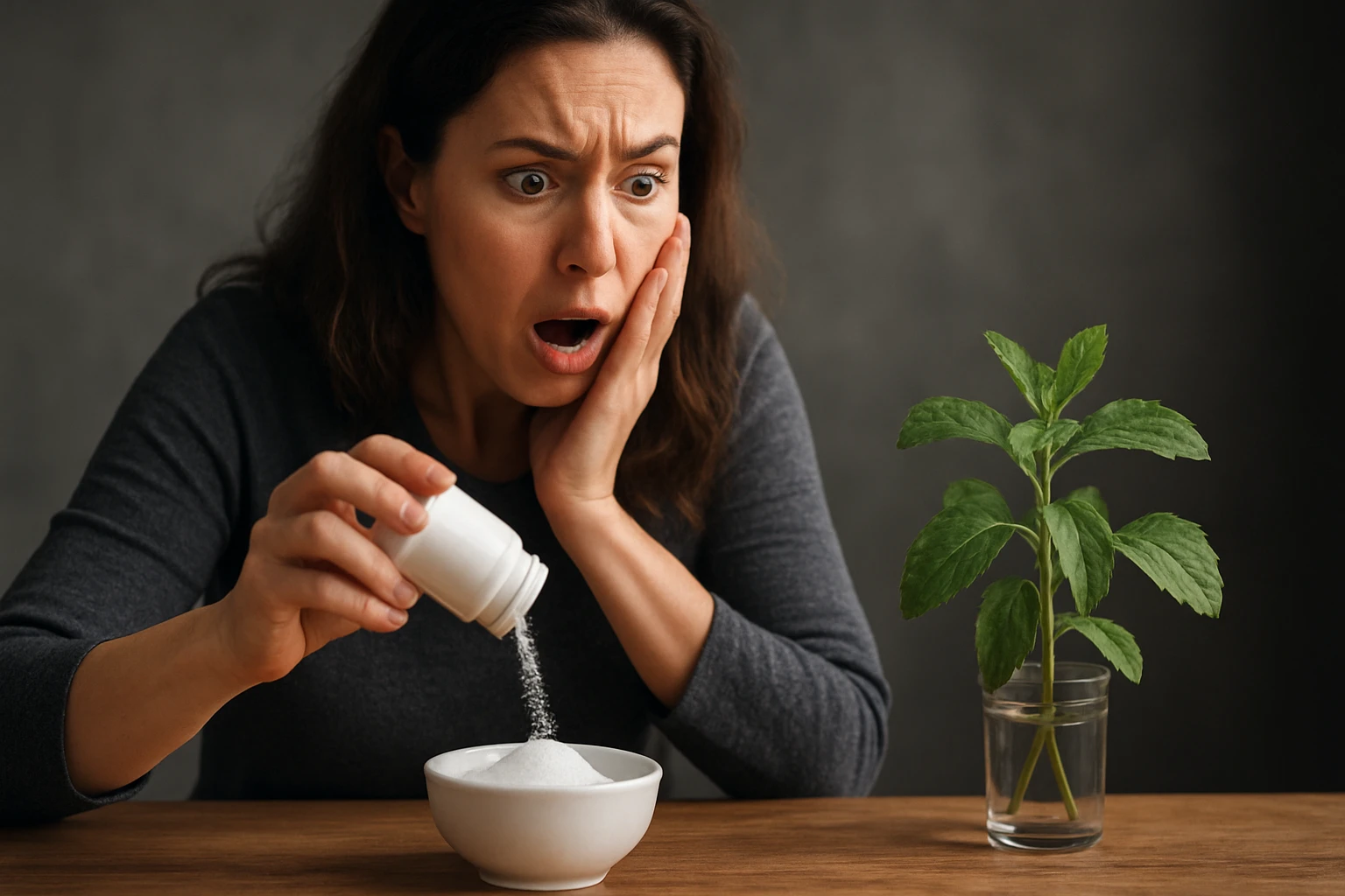 Žena prekvapená pri používaní stévie ako sladidla.