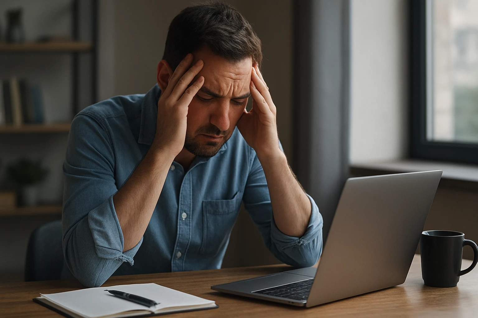 Muž s bolestivým výrazom za laptopom, vyjadrujúci stres