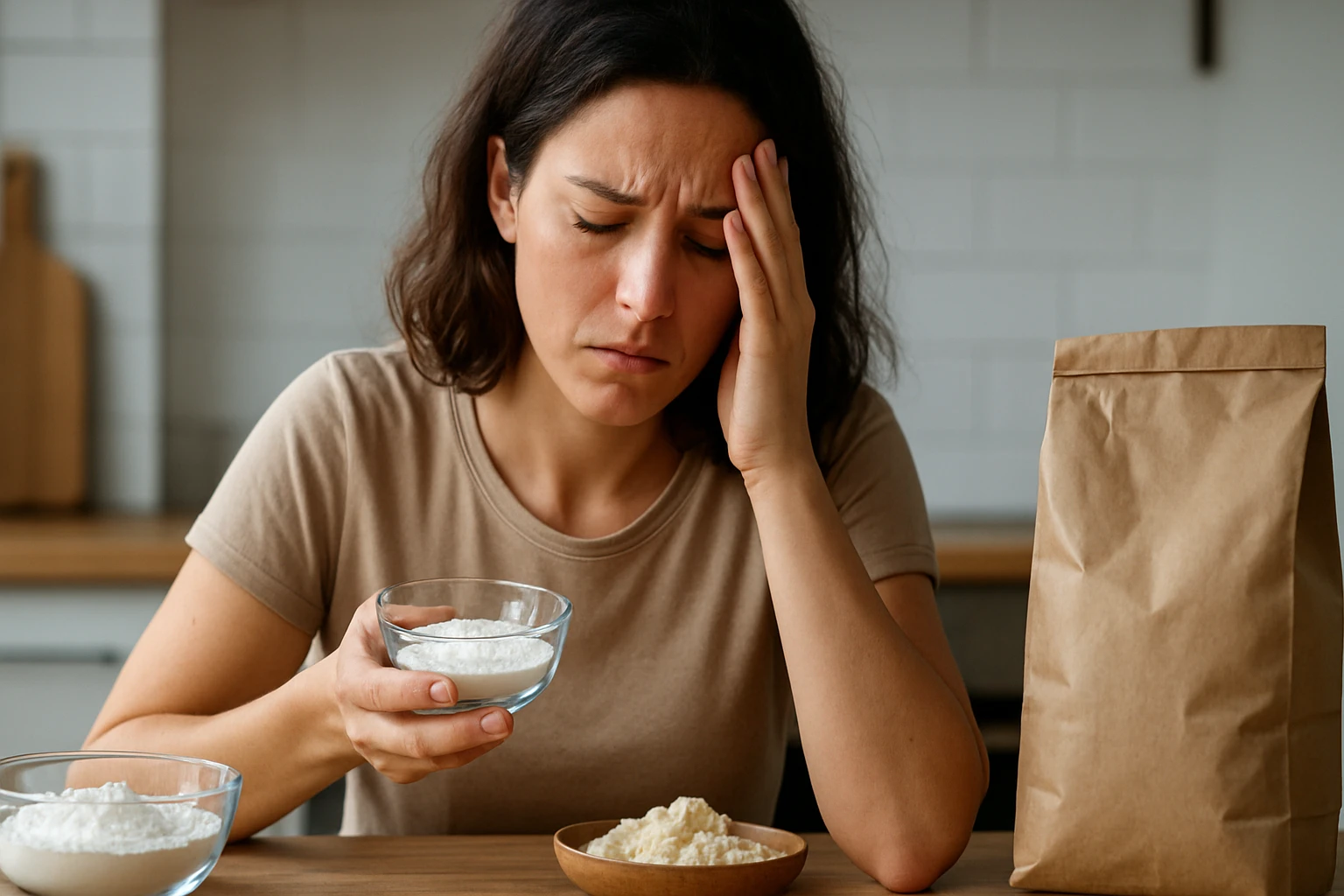 Žena s gurovou gumou zažíva ťažkosti s trávením.