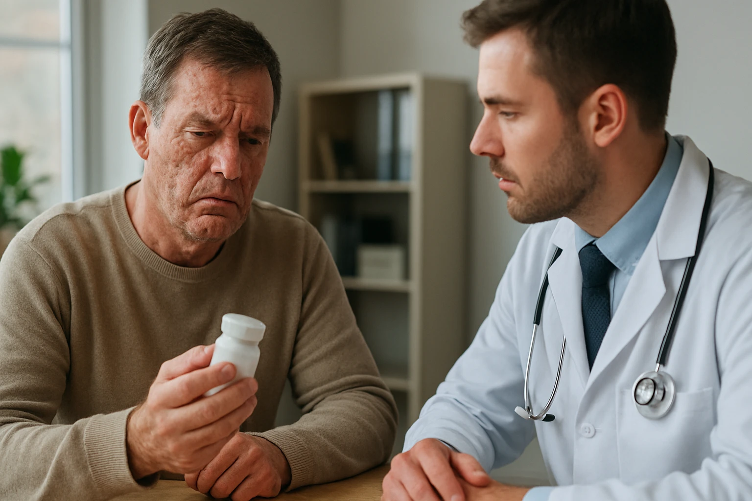Starší muž sa obáva vedľajších účinkov liekov na cholesterol.