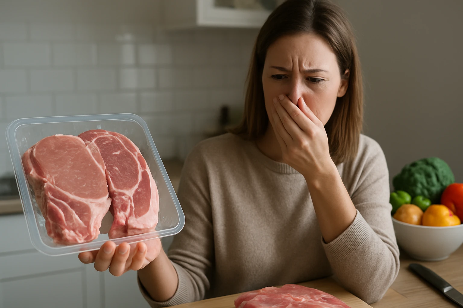 Žena s pohoršením drží balenie bravčového mäsa v kuchyni.