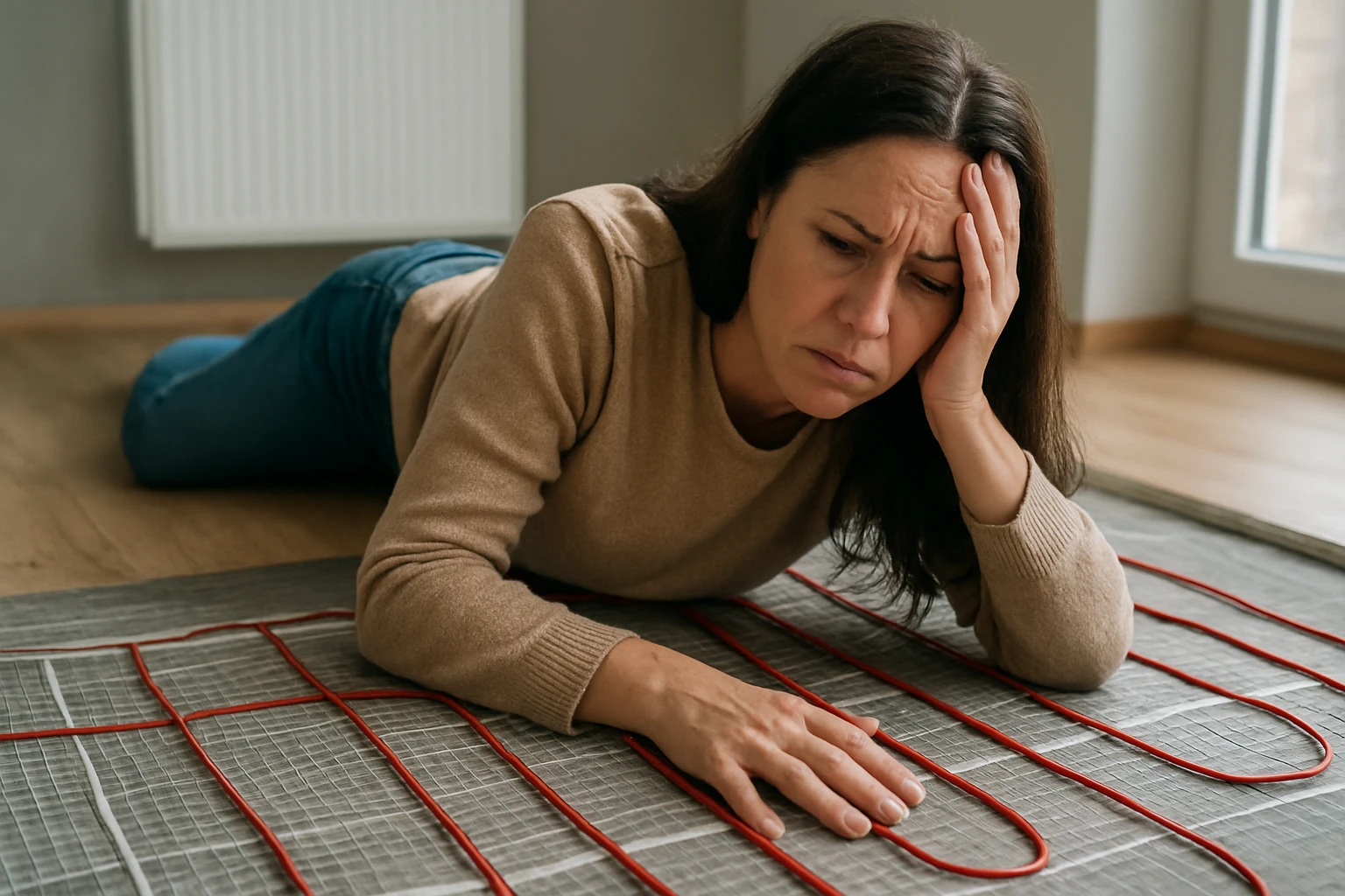 Žena leží na podlahe, znepokojená elektrickým podlahovým kúrením.