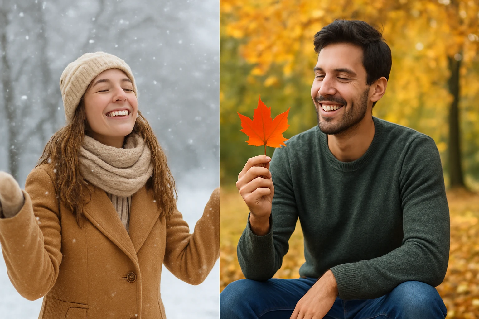 Žena v zime a muž v jeseni, obaja šťastní a v harmónii s ročnými obdobiami.