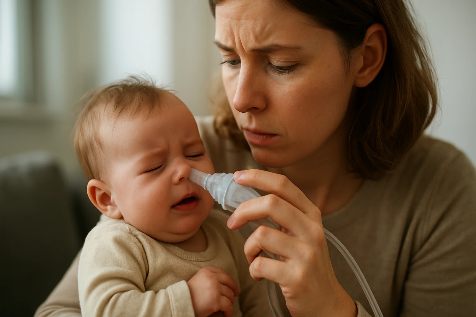 Matka používa odsávačku hlienov na nos dieťaťa.