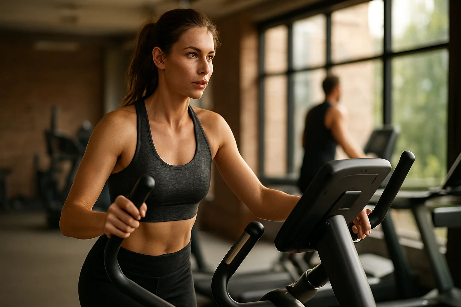 Žena cvičí na eliptickom trenažéri v modernom fitness centre.