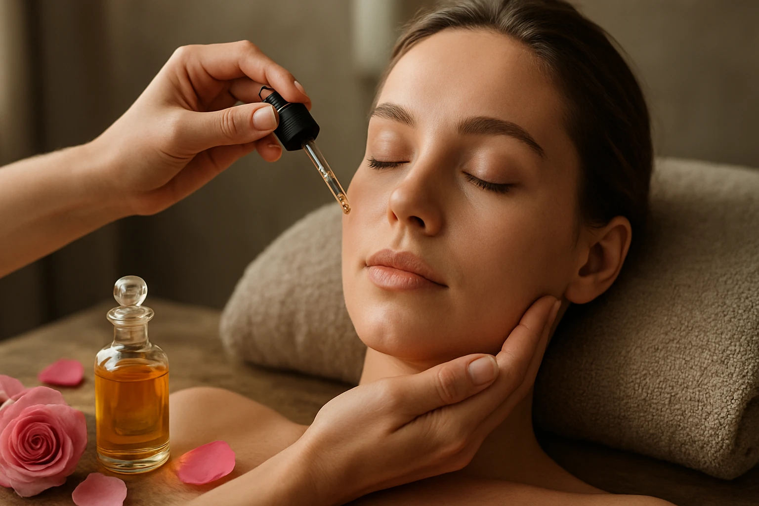 A woman receiving a facial treatment with rose oil.