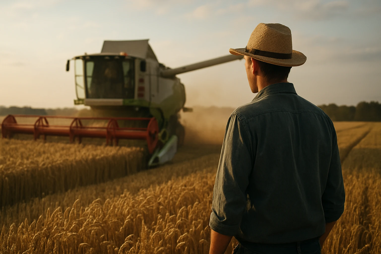 Farár pozoruje moderný kombajn v pšeničnom poli pri západe slnka.