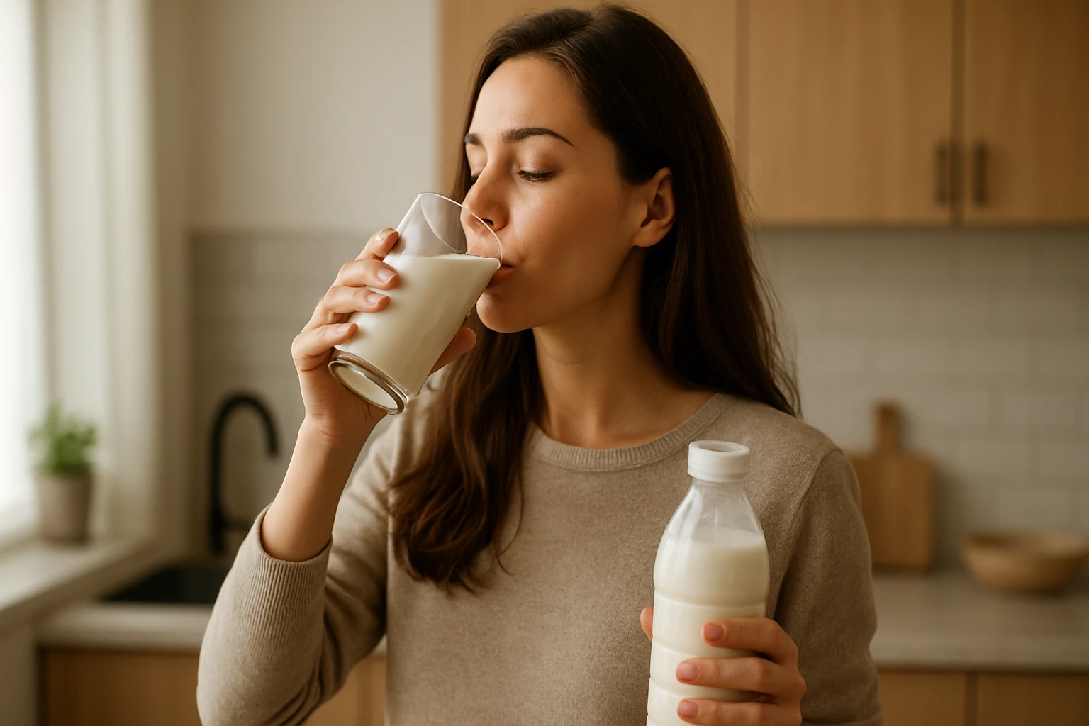 Žena pije kefír z pohára a drží fľašu kefíru v kuchyni.
