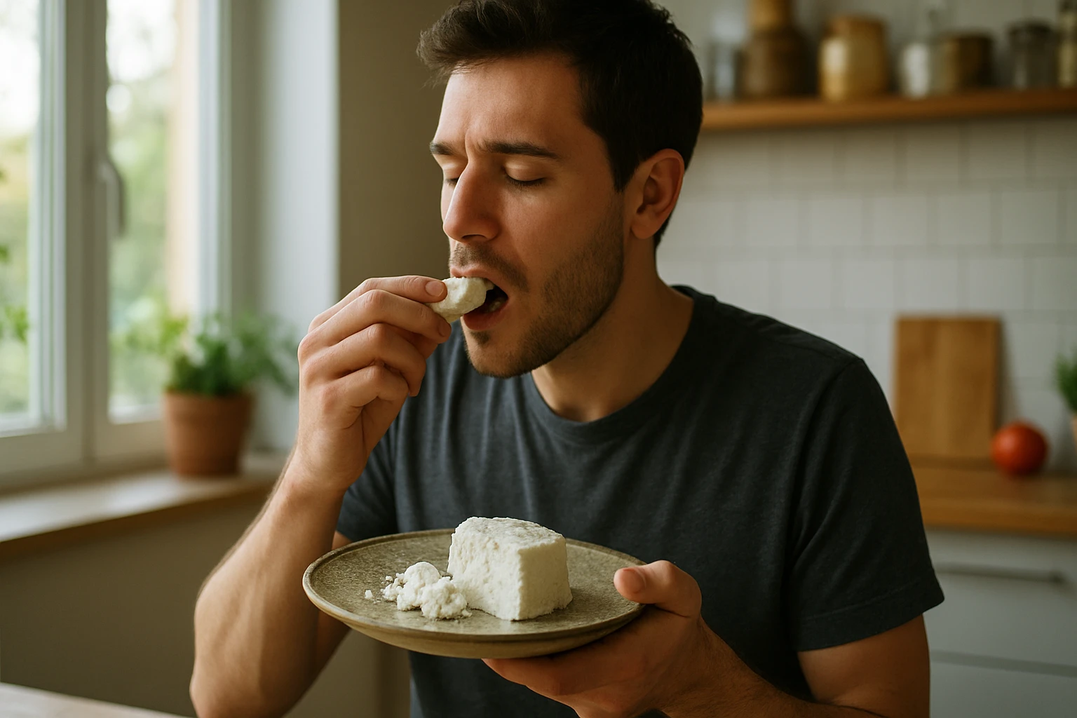 Muž vychutnáva ovčí syr na tanieri, zdravá strava.
