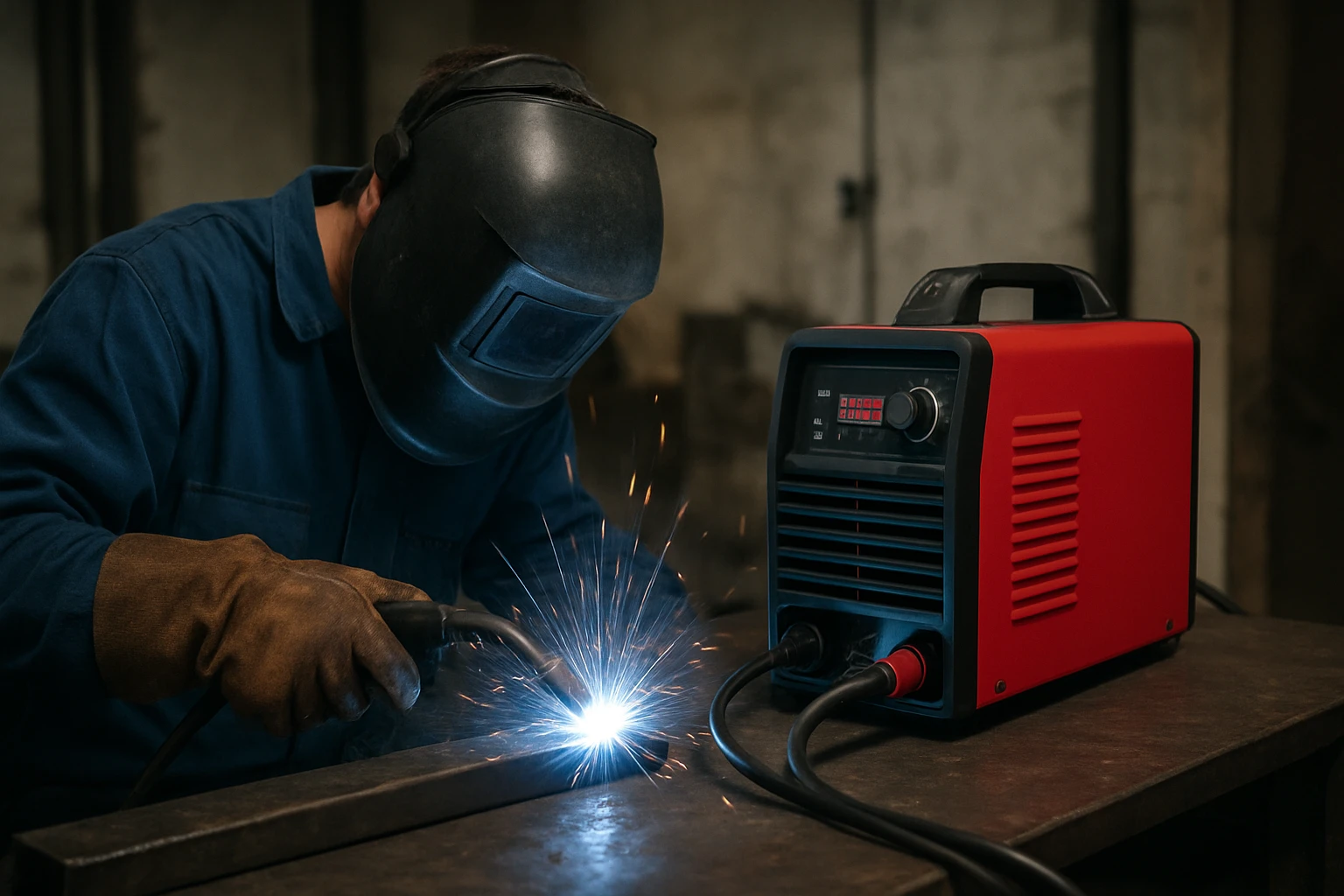Muž zvára s invertorovou CO zváračkou v dielni.
