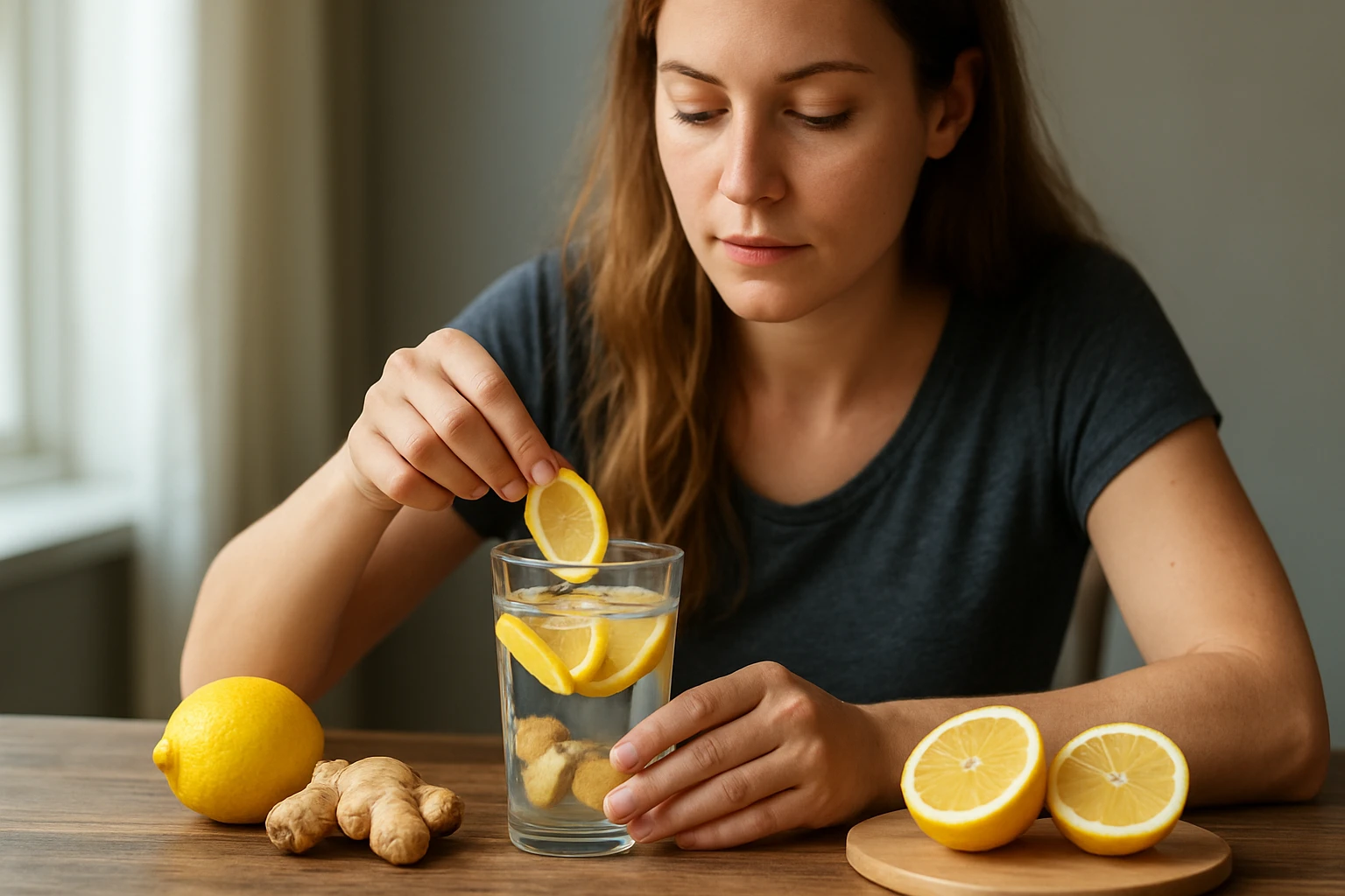 Žena pridáva citrón do zázvorovo-citrónovej vody na stôl.