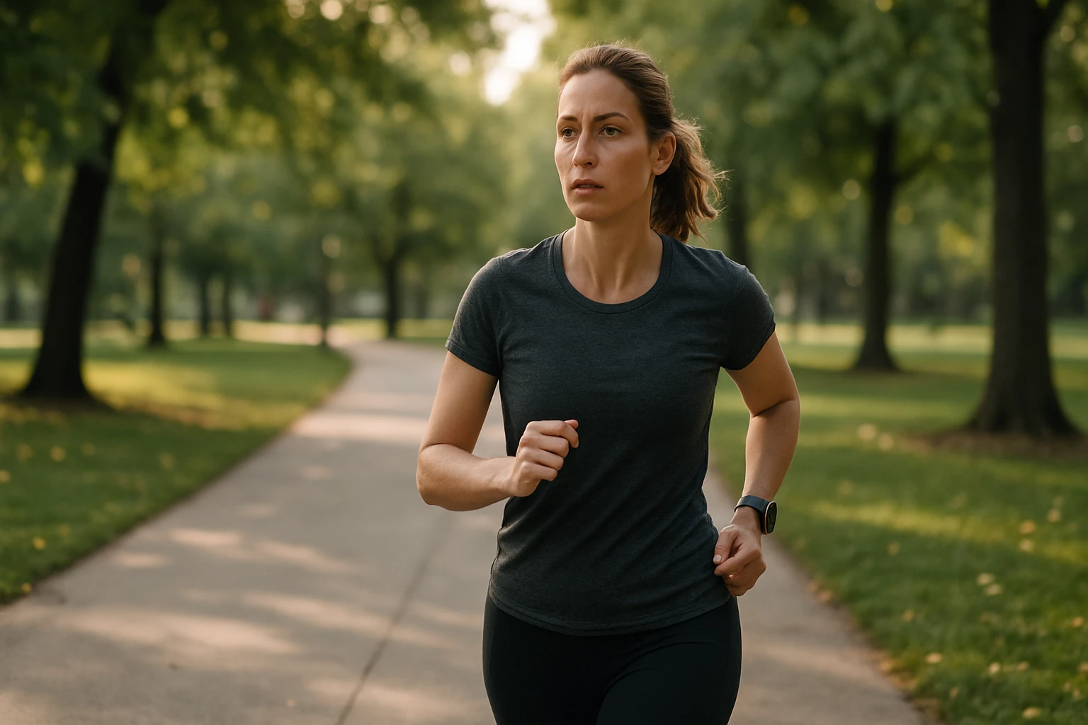 Žena behá v parku, zlepšuje svoje zdravie a spaľuje tuky.