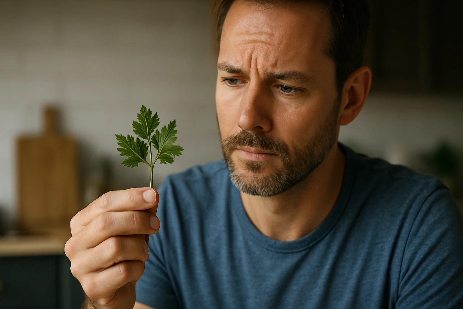 Muž analyzujúci list kecskeruty ako prírodný liek.