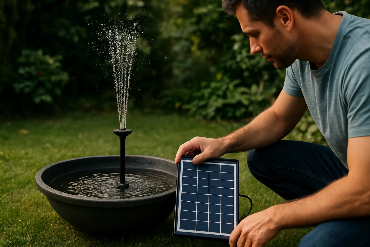 Muž inštaluje solárnu fontánu v záhrade s vodnou nádržou.