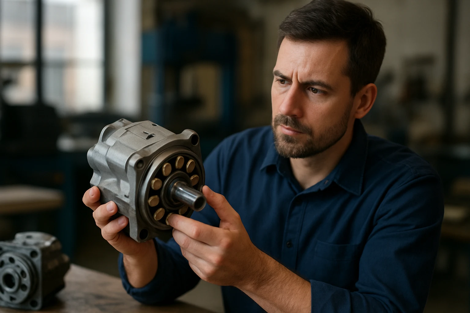 Muži skúma axiálne piestové čerpadlo v dielni.