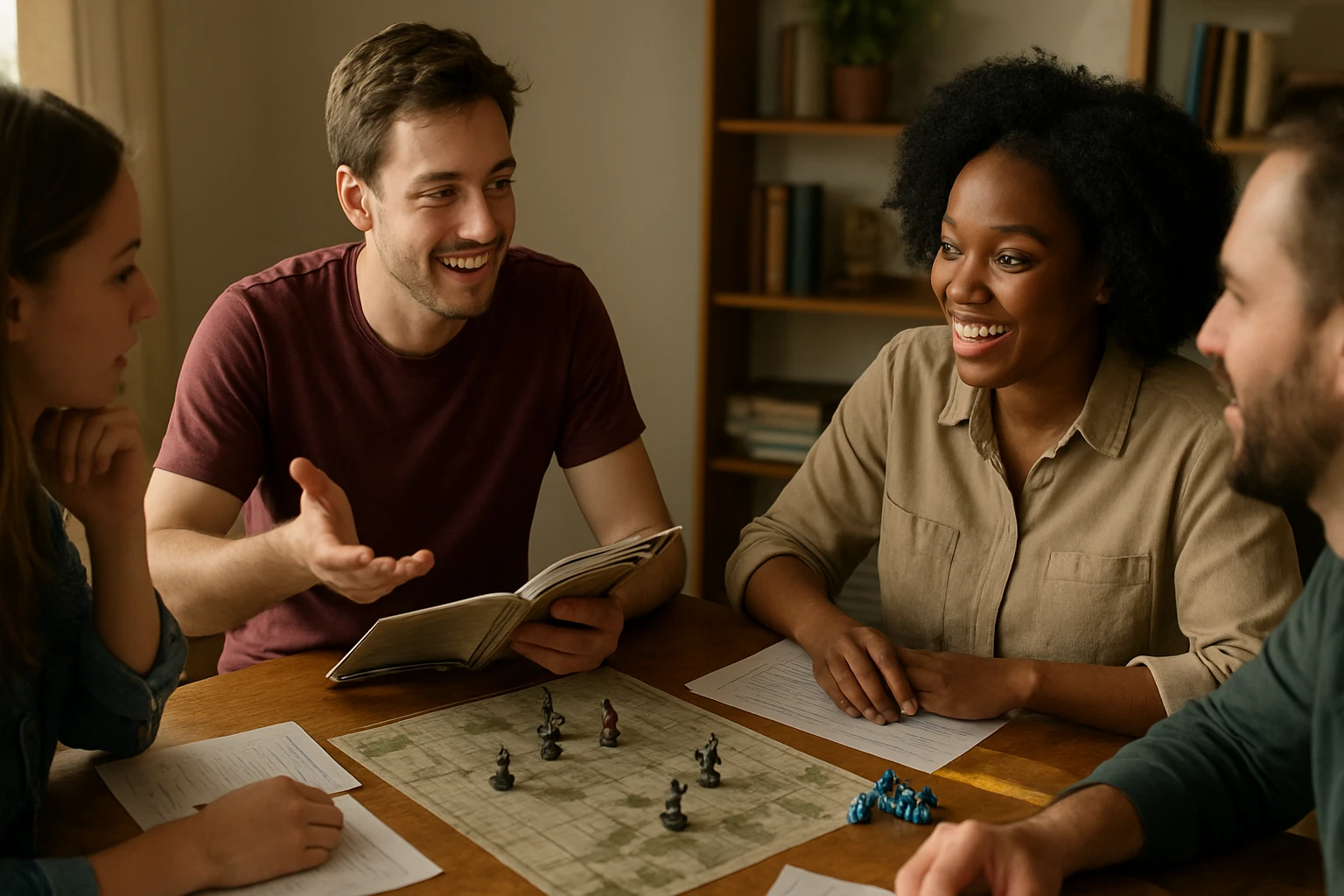 Skupina hráčov pozorného rozprávania pri hre RPG.