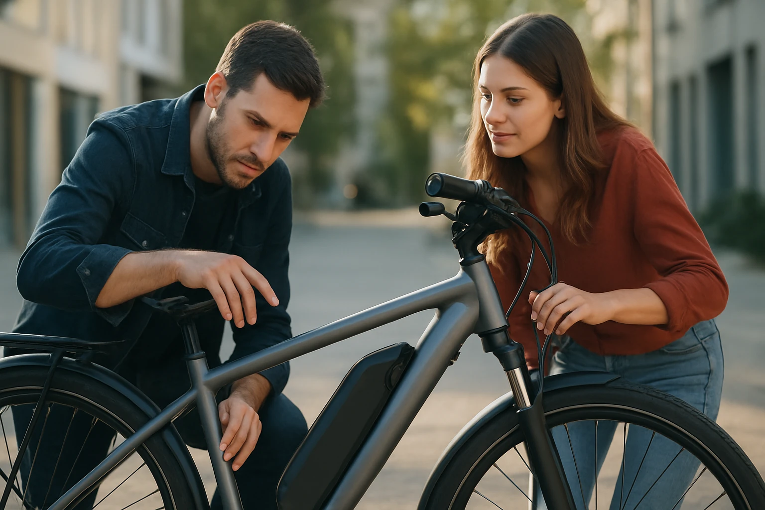 Dvojica skúma elektrický bicykel na ulici, zameraní na jeho detaily.