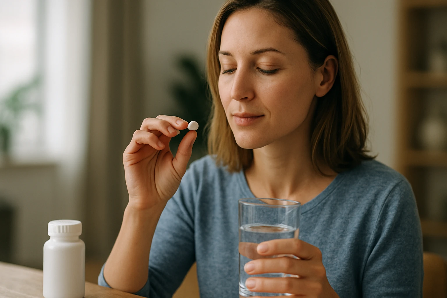Žena drží tabletku a pohár vody pri užívaní doplnkov výživy.