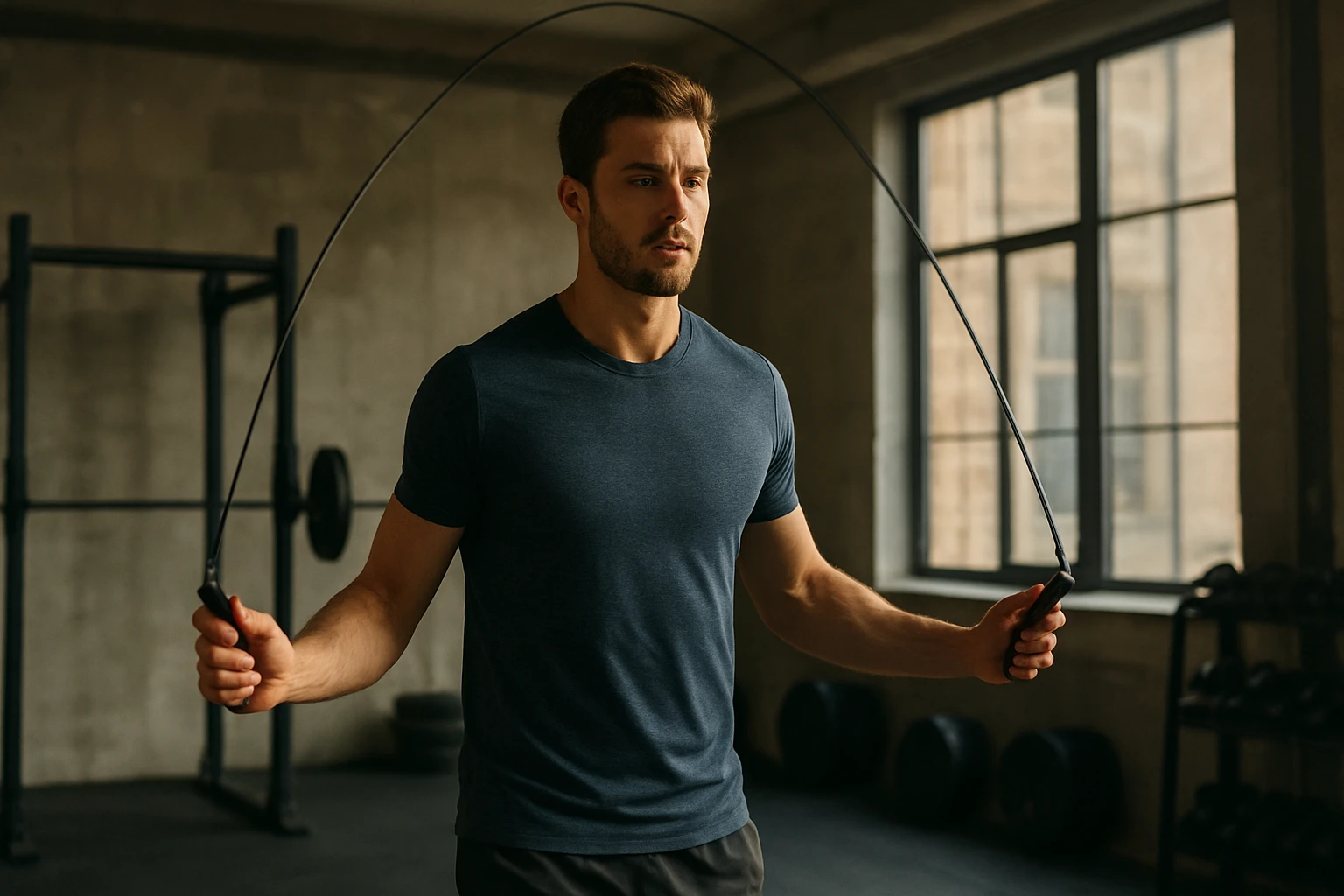 Muž skáče na švihadle v posilňovni, cvičenie a zlepšenie kondície