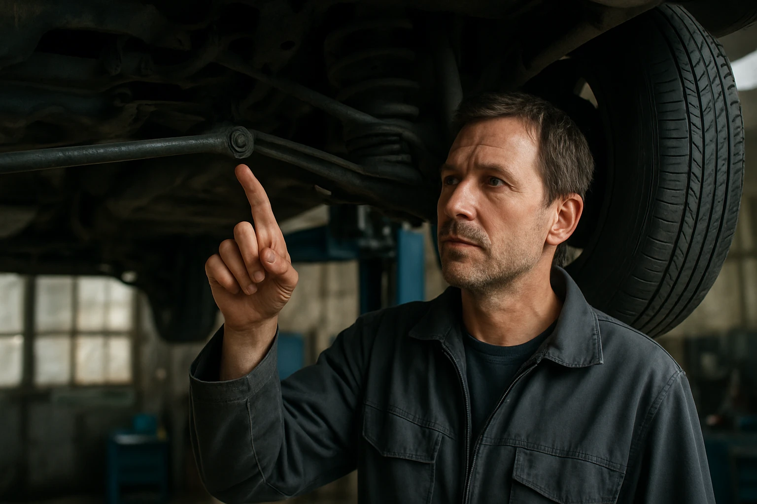 Mechanik kontroluje Panhardovu tyč na automobile v servise