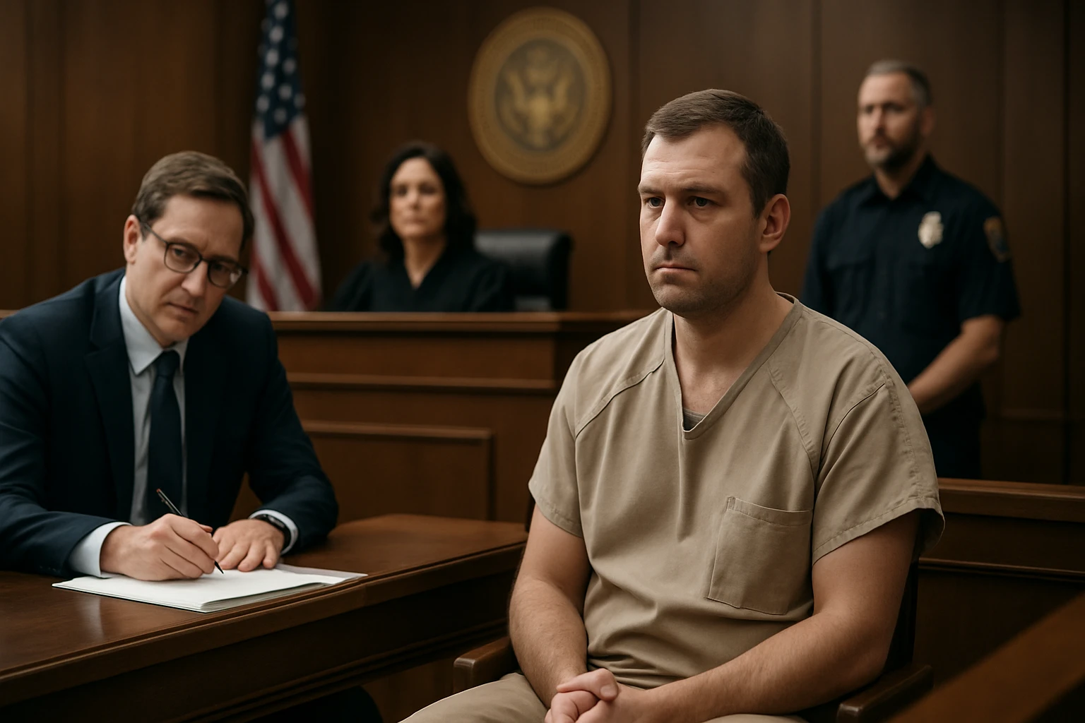 Súdne pojednávanie s páchateľom a právnym zástupcom.