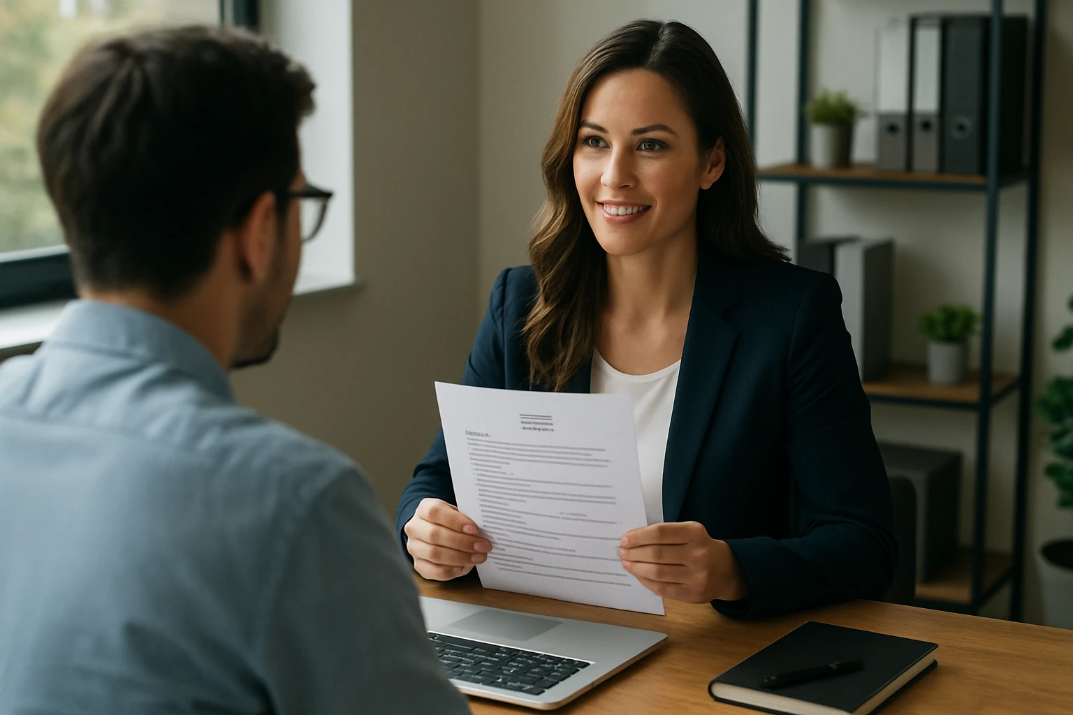Žena na pracovnom pohovore ukazuje životopis muža.