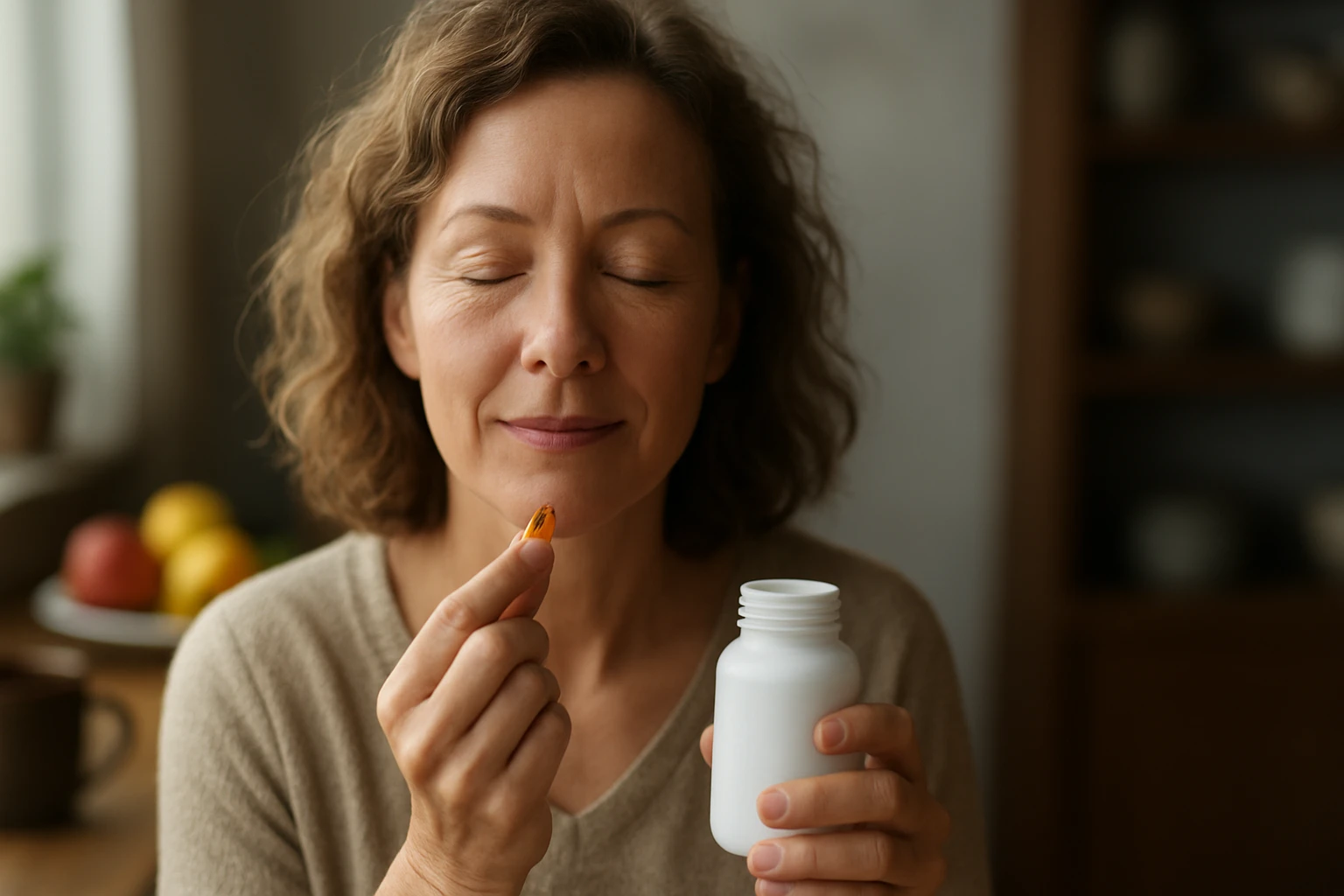 Žena s koenzýmom Q10, ktorý podporuje zdravie a energiu.
