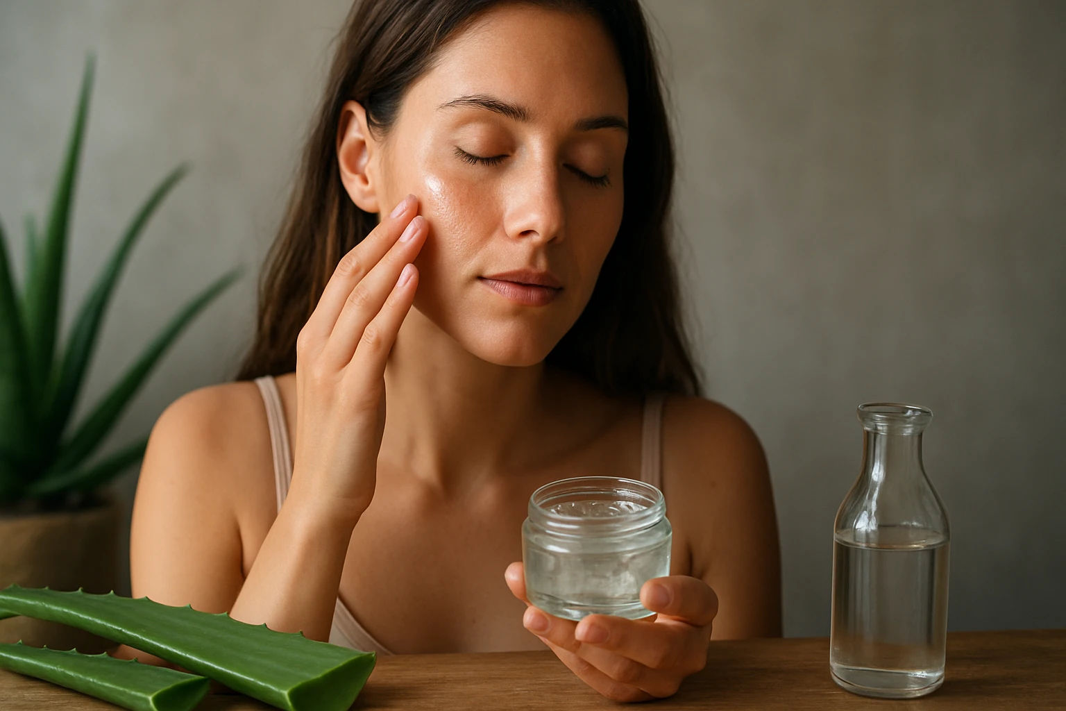 Žena nanáša Aloe Vera gél na pleť pre hydratáciu a upokojenie pokožky.