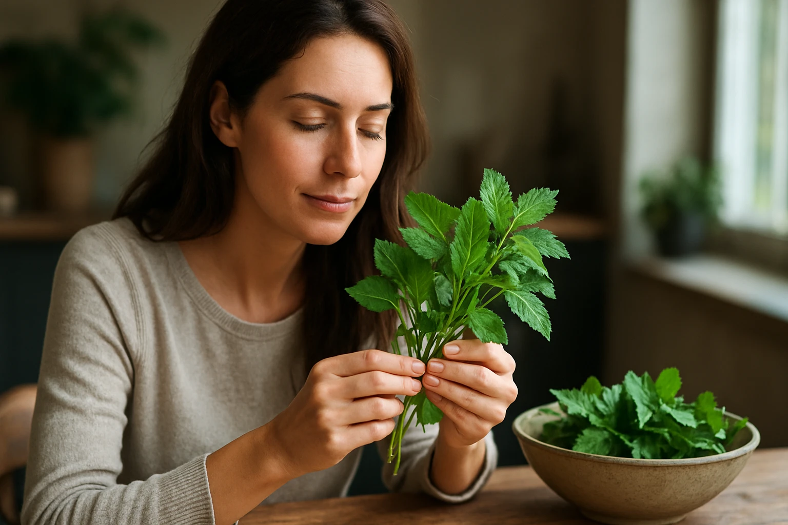 Žena skúma čerstvú bylinku, symbol prirodzeného zdravia.