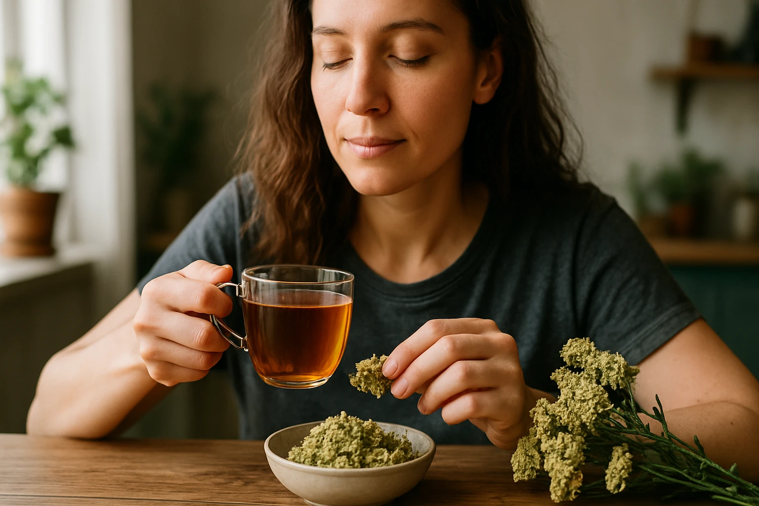 Žena vychutnáva čaj z rebríčka obyčajného a bylinky na stole