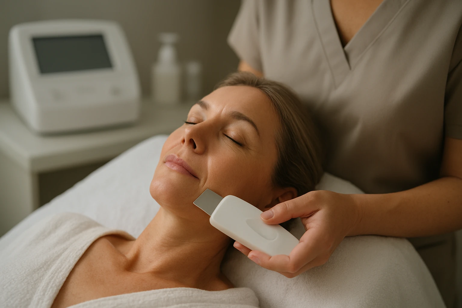 Žena na ultrazvukovej masáži pre relaxáciu a regeneráciu pleti