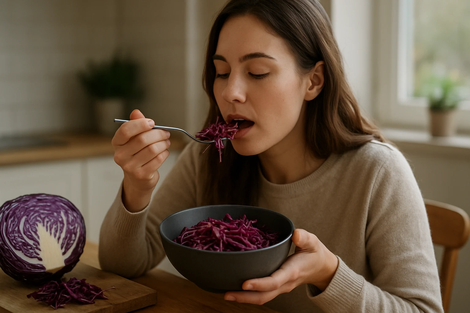 Žena si vychutnáva zdravú červenú kapustovú klíčku v miske.