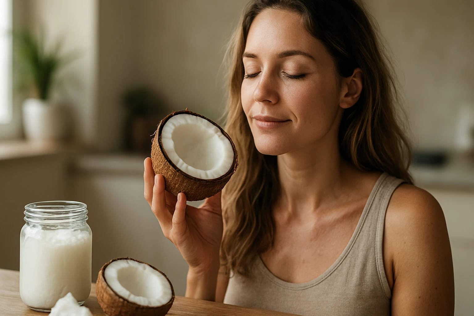 Žena s kokosom, objavujúca jeho zázračné účinky na zdravie.