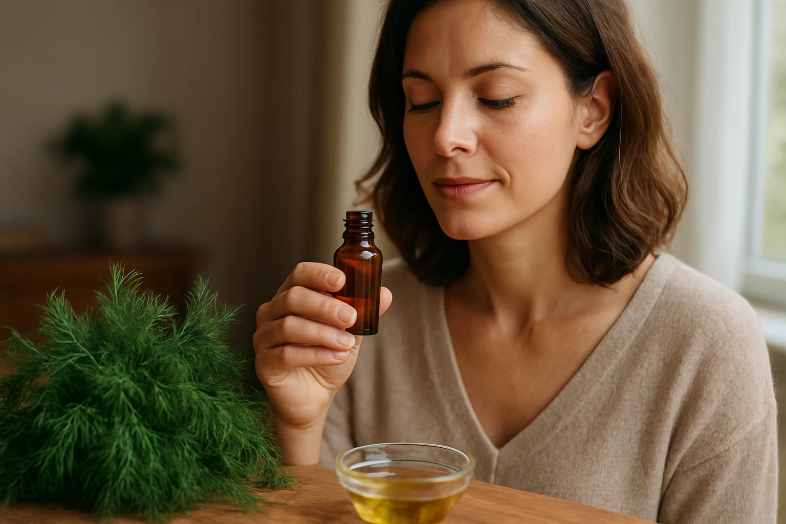 Žena zvažuje kôprový olej, ktorý podporuje zdravie a pohodu.