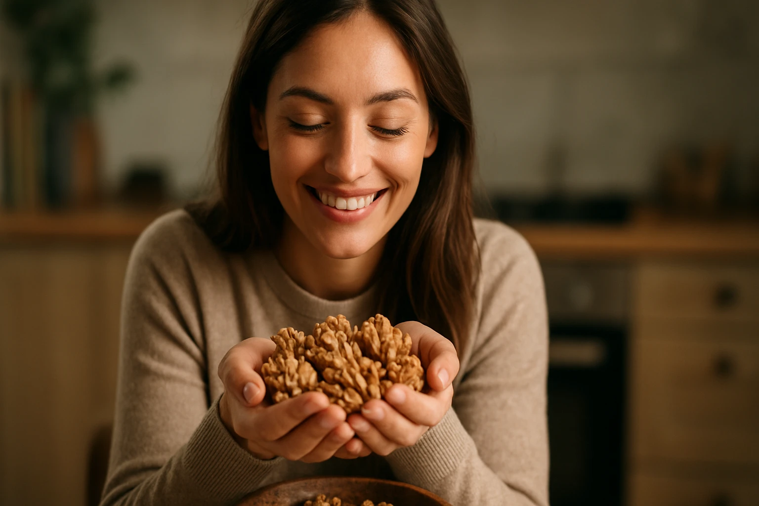 Žena sa usmieva a drži orechy v rukách, symbol zdravého stravovania.