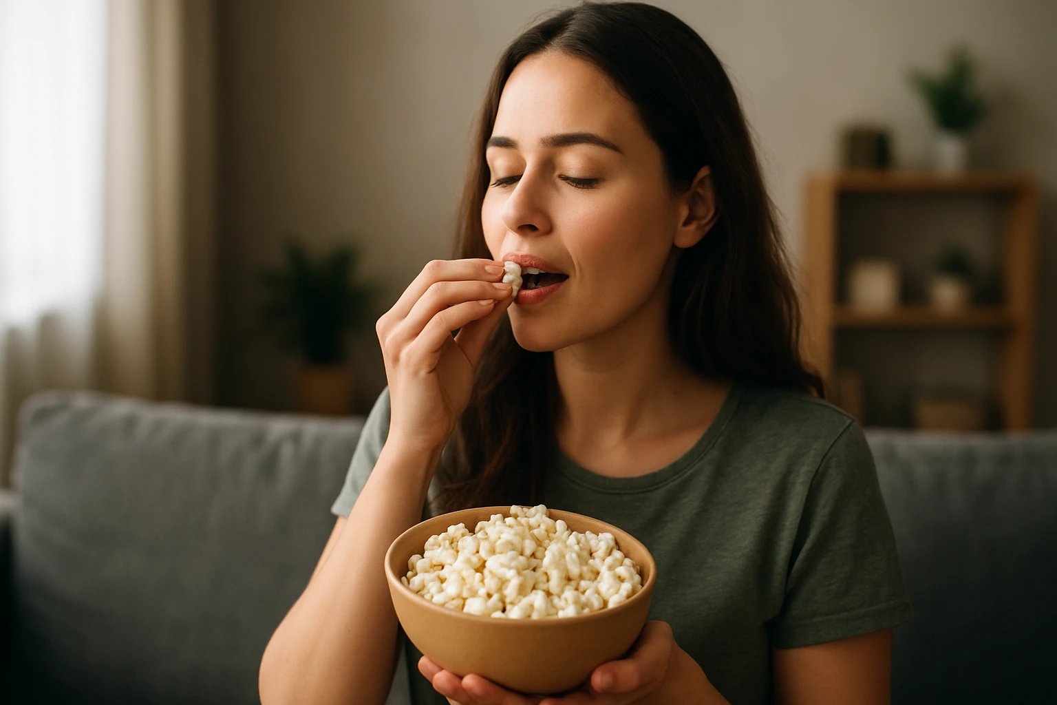 Žena si vychutnáva popcorn z misy, ktorý podporuje trávenie.