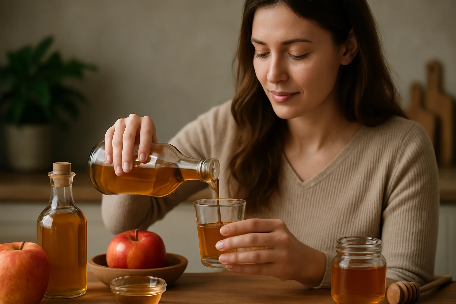 Žena nalievajúca jablčný ocot do pohára so zdravým nápojom.