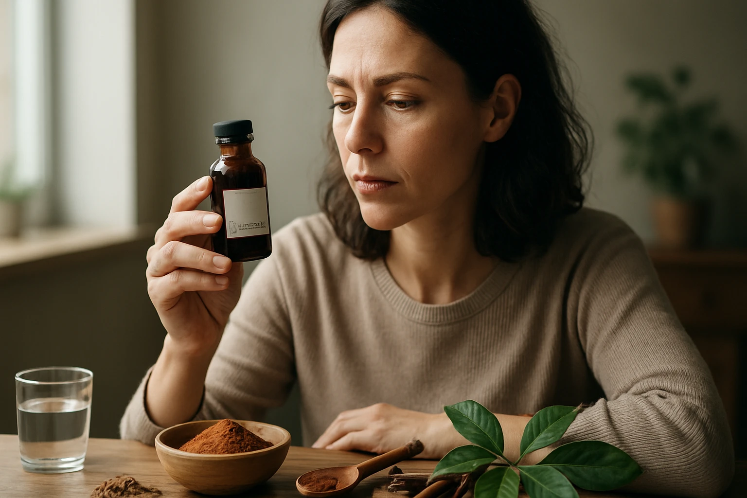 Žena skúma liek v fľaštičke s kininom, prírodným liečivom.